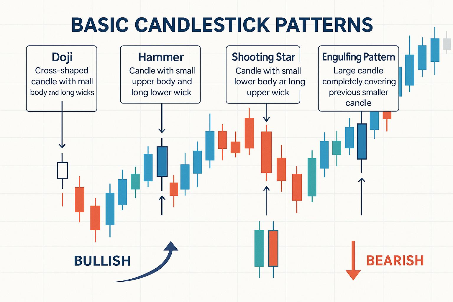 Ilustrasi pola candlestick dasar: Doji, Hammer, Shooting Star, dan Engulfing