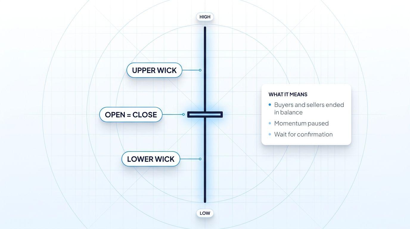 Ilustrasi Doji dengan Open dan Close berdekatan serta wick atas dan bawah