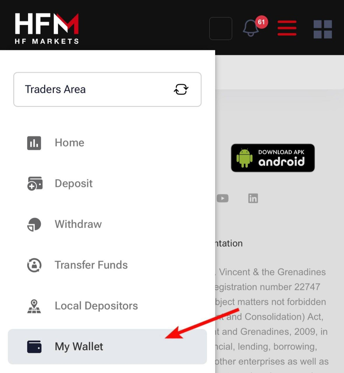 Tampilan menu HFM dengan pilihan My Wallet yang ditunjuk panah merah