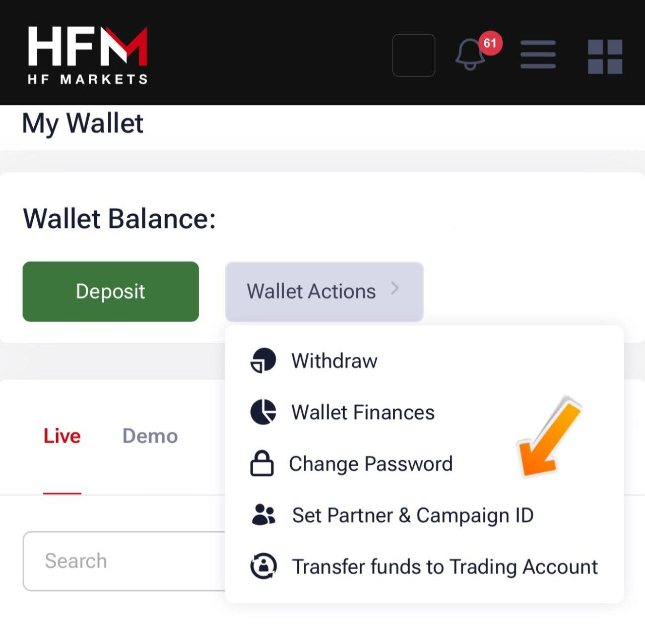 Menu Wallet Actions pada HFM dengan pilihan Set Partner & Campaign ID