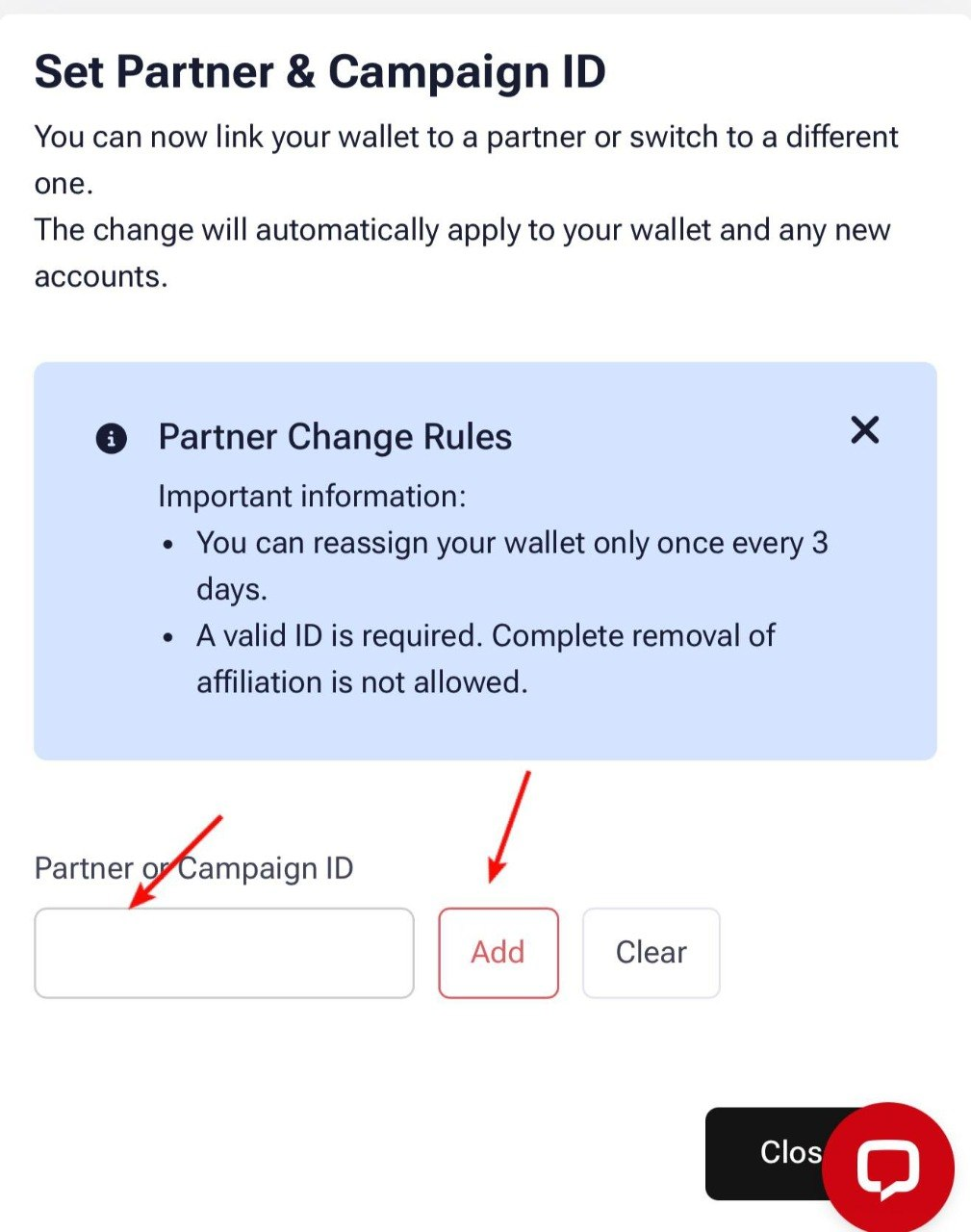 Form Set Partner & Campaign ID dengan kolom kode IB dan tombol Add