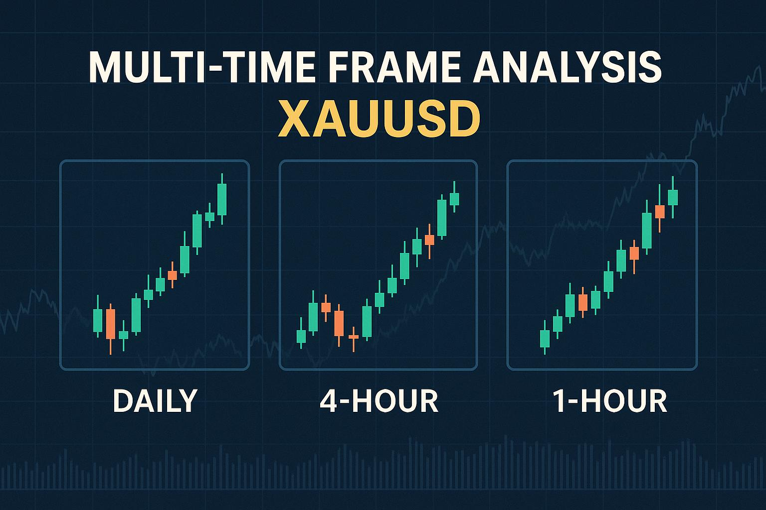Ilustrasi analisis multi-timeframe XAUUSD pada Daily, H4, dan H1