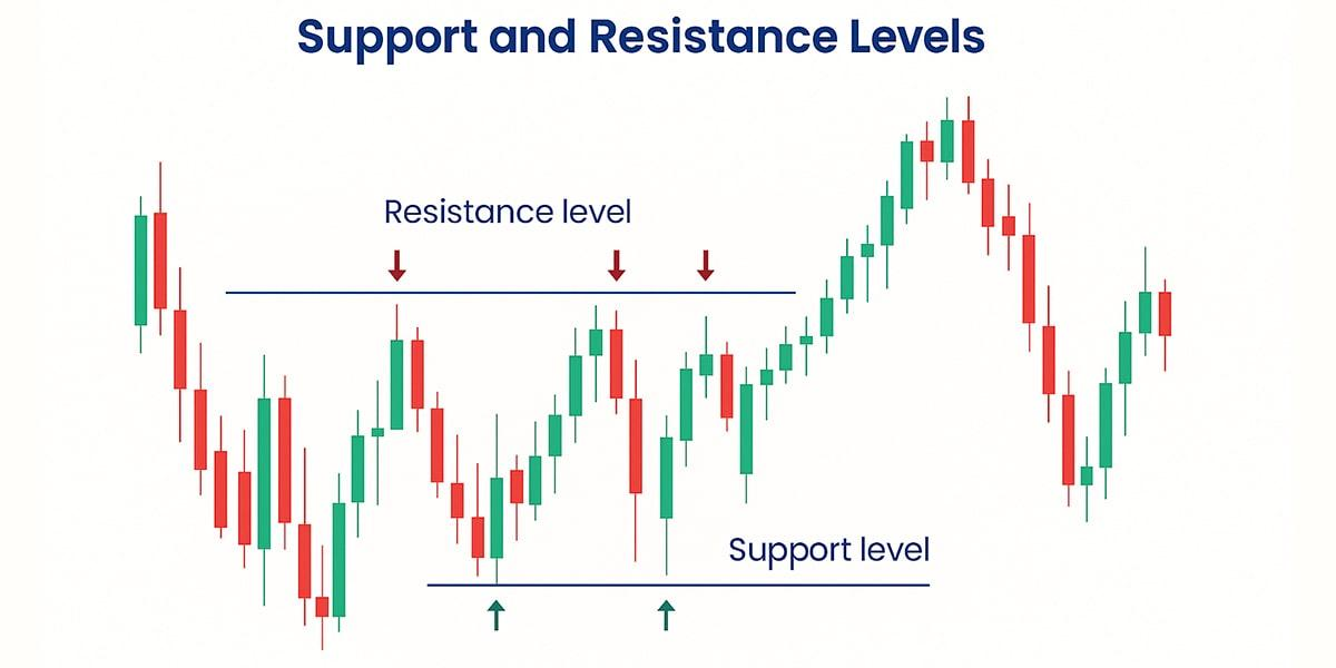 Ilustrasi level support dan resistance pada grafik candlestick